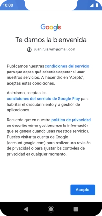 Pulsa Acepto y sigue las indicaciones de la pantalla para seleccionar los ajustes de tu cuenta de Google.