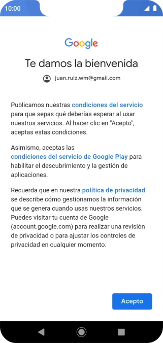 Pulsa Acepto y sigue las indicaciones de la pantalla para seleccionar los ajustes de tu cuenta de Google.