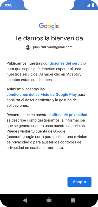 Pulsa Acepto y sigue las indicaciones de la pantalla para seleccionar los ajustes de tu cuenta de Google.