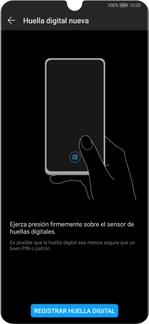 Pulsa REGISTRAR HUELLA DIGITAL y sigue las indicaciones de la pantalla para configurar una huella digital como código de seguridad del teléfono.