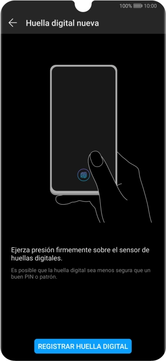 Pulsa REGISTRAR HUELLA DIGITAL y sigue las indicaciones de la pantalla para configurar una huella digital como código de seguridad del teléfono.