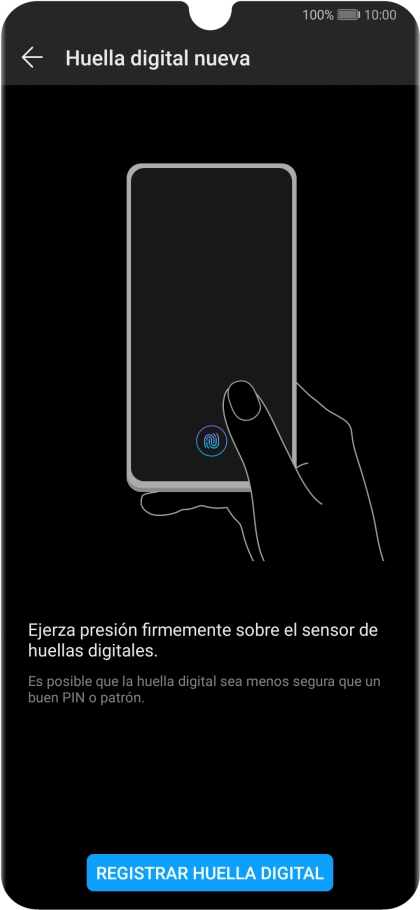 Pulsa REGISTRAR HUELLA DIGITAL y sigue las indicaciones de la pantalla para configurar una huella digital como código de seguridad del teléfono.