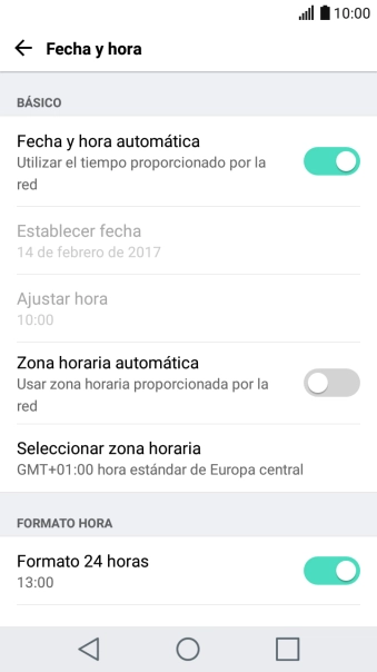 Pulsa Zona horaria automática para activar la función.