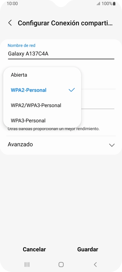 Pulsa WPA3-Personal para proteger la conexión wifi con una contraseña.