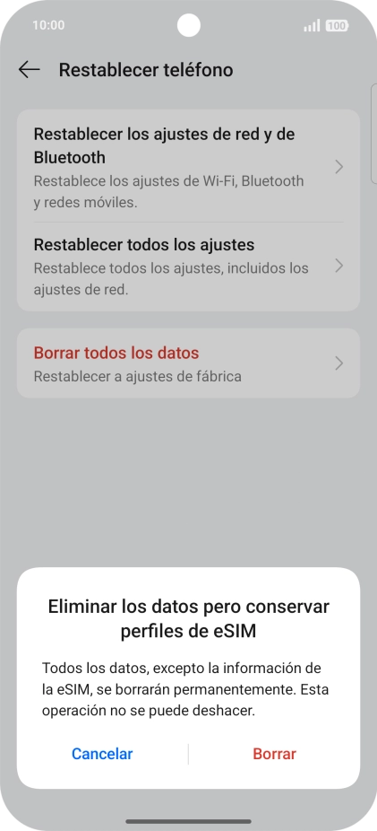 Pulsa Borrar. Espera unos instantes mientras el teléfono restablece la configuración predeterminada. Sigue las indicaciones de la pantalla para configurar el teléfono y dejarlo listo para su uso.