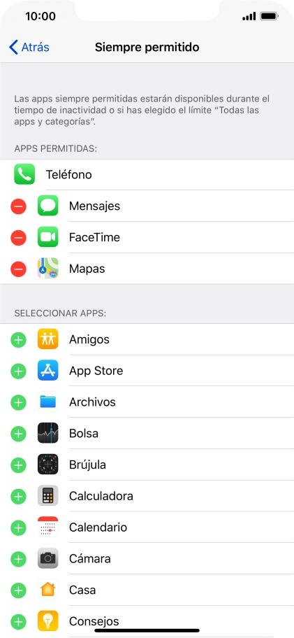 Pulsa el icono de añadir junto a la app deseada para añadirla a la lista de apps permitidas bajo el tiempo de inactividad de pantalla.