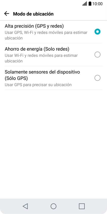 Si seleccionas Alta precisión (GPS y redes), el teléfono podrá encontrar tu posición exacta con ayuda de los satélites GPS, la red móvil y una red wifi cercana. El GPS por satélite requiere vista libre al cielo.