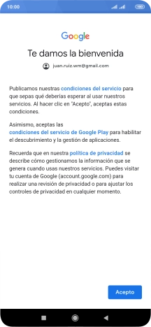 Pulsa Acepto y sigue las indicaciones de la pantalla para seleccionar los ajustes de tu cuenta de Google.