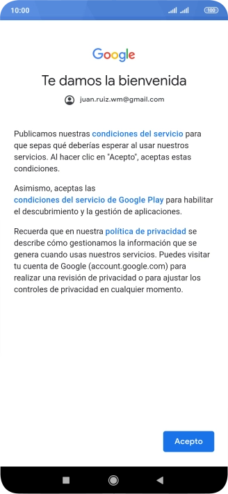 Pulsa Acepto y sigue las indicaciones de la pantalla para seleccionar los ajustes de tu cuenta de Google.