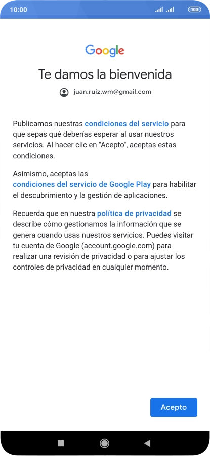 Pulsa Acepto y sigue las indicaciones de la pantalla para seleccionar los ajustes de tu cuenta de Google.