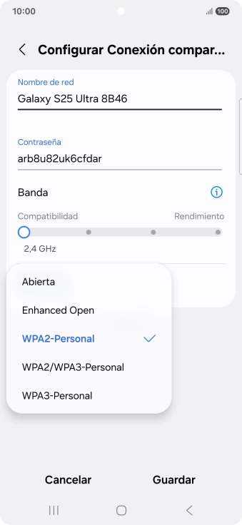 Pulsa WPA3-Personal para proteger la conexión wifi con una contraseña.
