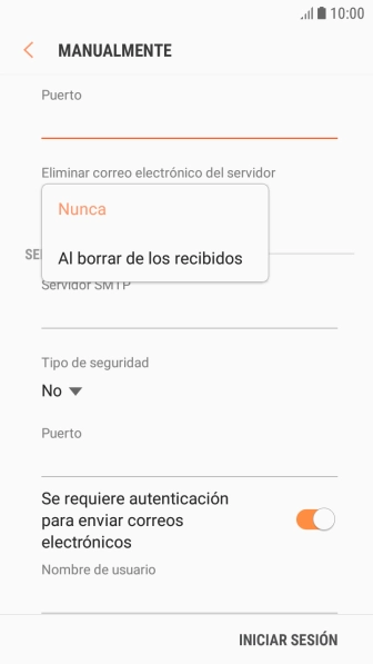 Pulsa Nunca para conservar los correos electrónicos en el servidor cuando los borras del teléfono.