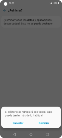 Pulsa Reiniciar. Espera unos instantes mientras el teléfono restablece la configuración predeterminada. Sigue las indicaciones de la pantalla para configurar el teléfono y dejarlo listo para su uso.