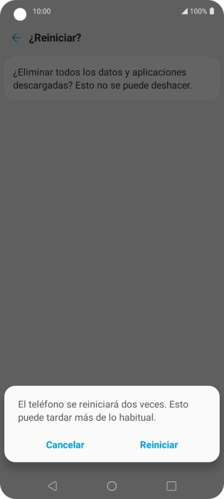 Pulsa Reiniciar. Espera unos instantes mientras el teléfono restablece la configuración predeterminada. Sigue las indicaciones de la pantalla para configurar el teléfono y dejarlo listo para su uso.