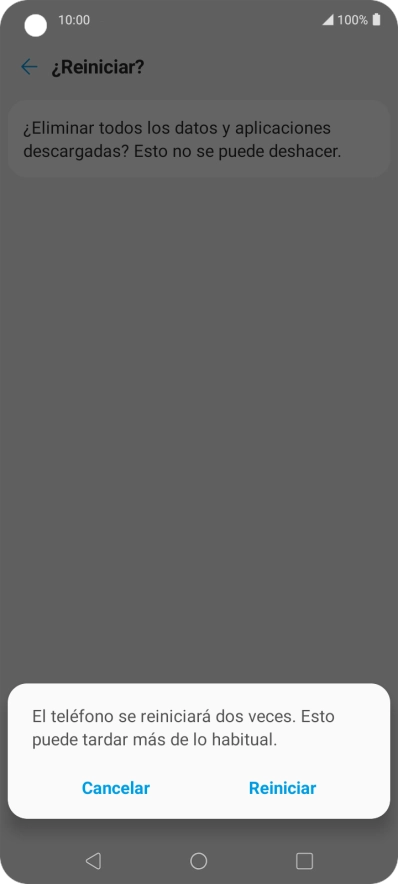 Pulsa Reiniciar. Espera unos instantes mientras el teléfono restablece la configuración predeterminada. Sigue las indicaciones de la pantalla para configurar el teléfono y dejarlo listo para su uso.