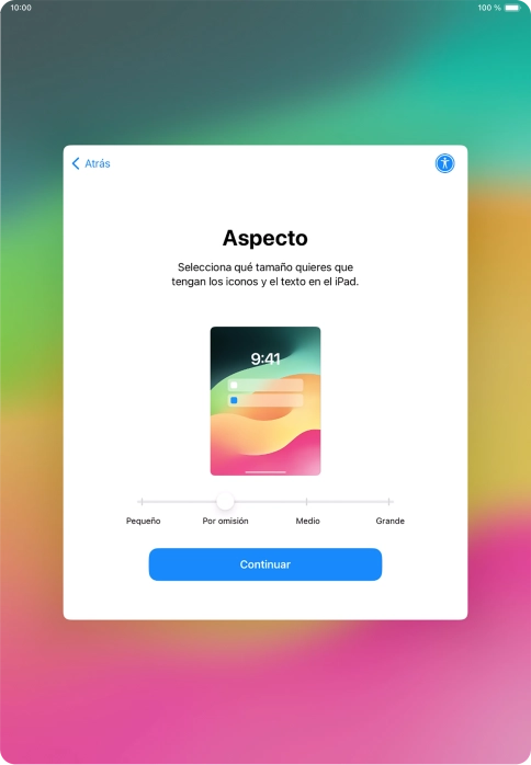 Selecciona el tamaño de letra y de los iconos que debe tener la tablet y pulsa Continuar.