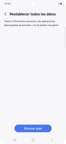 Pulsa Eliminar todo. Espera unos instantes mientras el teléfono restablece la configuración predeterminada. Sigue las indicaciones de la pantalla para configurar el teléfono y dejarlo listo para su uso.