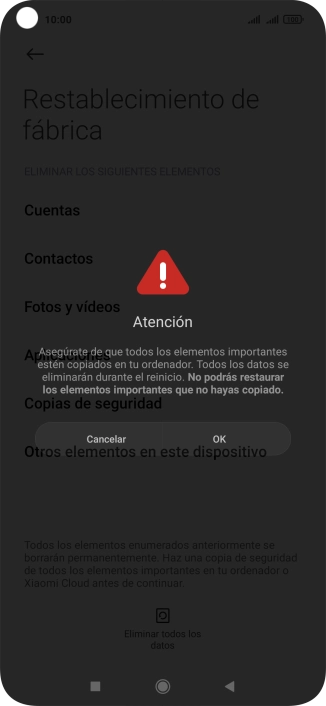 Pulsa OK. Espera unos instantes mientras el teléfono restablece la configuración predeterminada. Sigue las indicaciones de la pantalla para configurar el teléfono y dejarlo listo para su uso.