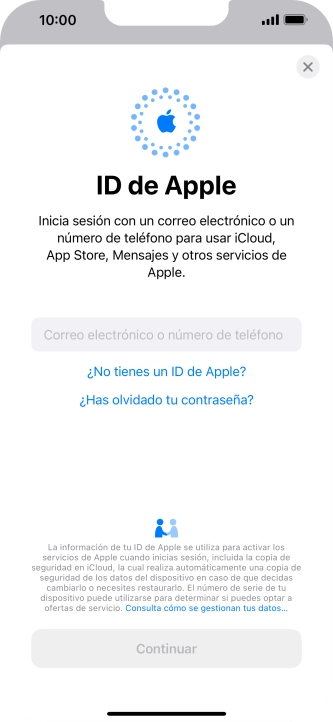 Si no tienes un ID de Apple, pulsa ¿No tienes un ID de Apple? y sigue las indicaciones de la pantalla para ver cómo crear un ID de Apple.