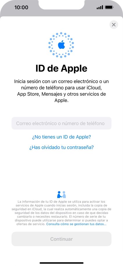 Si no tienes un ID de Apple, pulsa ¿No tienes un ID de Apple? y sigue las indicaciones de la pantalla para ver cómo crear un ID de Apple.