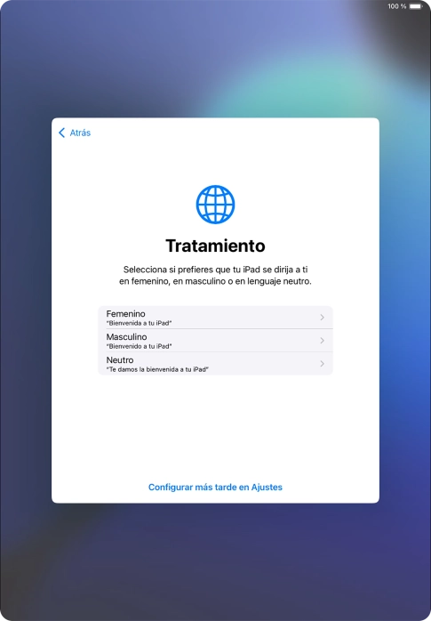 Sigue las indicaciones de la pantalla para elegir la forma de tratamiento deseada en la tablet, es decir, el masculino, el femenino o una forma de tratamiento neutra o pulsa Configurar más tarde en Ajustes.