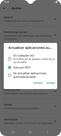 Para activar la actualización automática de apps utilizando la red móvil, pulsa En cualquier red.