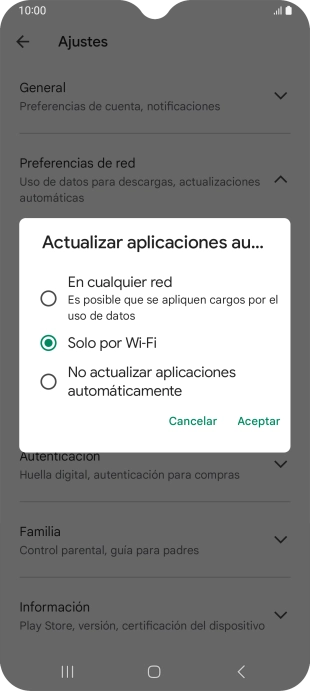 Para activar la actualización automática de apps utilizando la red móvil, pulsa En cualquier red.
