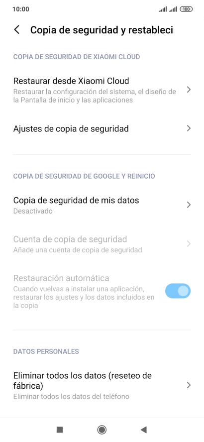 Pulsa Eliminar todos los datos (reseteo de fábrica).