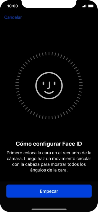 Pulsa Empezar y sigue las indicaciones de la pantalla para crear un código de seguridad del teléfono con la función de reconocimiento facial (Face ID).