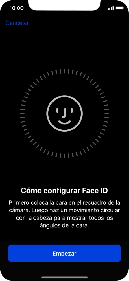 Pulsa Empezar y sigue las indicaciones de la pantalla para crear un código de seguridad del teléfono con la función de reconocimiento facial (Face ID).