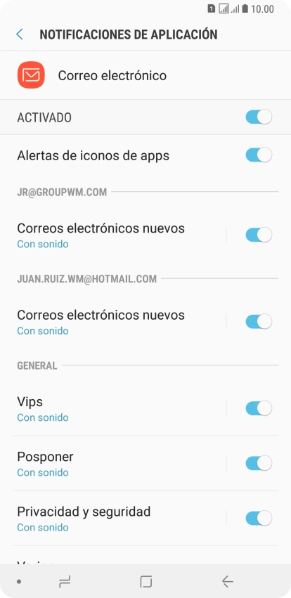 Pulsa el indicador bajo la cuenta de correo electrónico deseada para activar o desactivar la función.