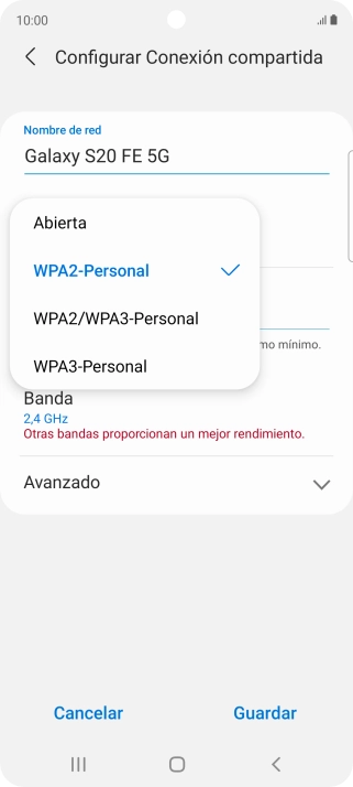 Pulsa WPA3-Personal para proteger la conexión wifi con una contraseña.