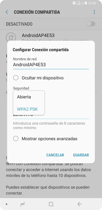 Pulsa WPA2 PSK para proteger la conexión wifi con una contraseña.