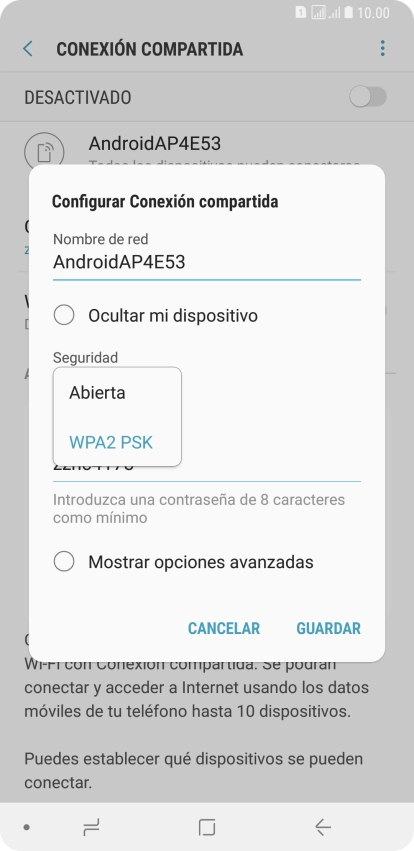 Pulsa WPA2 PSK para proteger la conexión wifi con una contraseña.