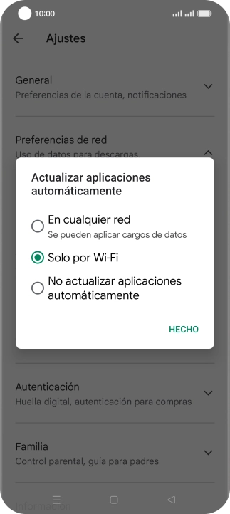 Para activar la actualización automática de apps utilizando la red móvil, pulsa En cualquier red.