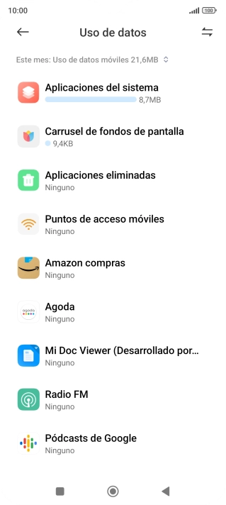 El consumo de datos por cada aplicación aparece bajo el nombre de la aplicación.