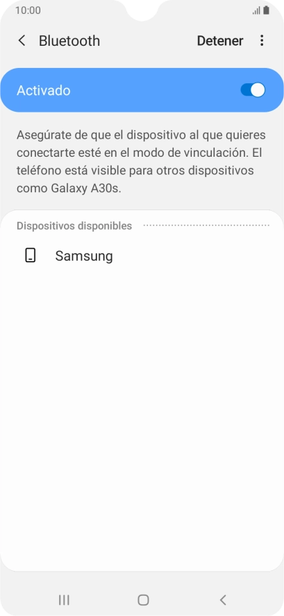 Pulsa el dispositivo Bluetooth deseado y sigue las indicaciones de la pantalla para vincular el dispositivo al teléfono.