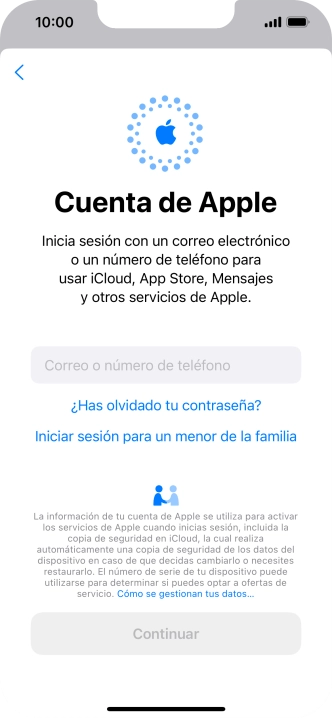Pulsa Correo o número de teléfono e introduce el nombre de usuario de tu ID de Apple.