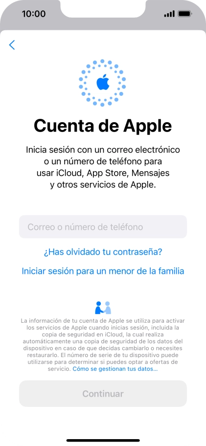 Pulsa Correo o número de teléfono e introduce el nombre de usuario de tu ID de Apple.