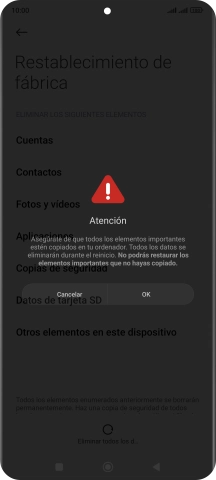 Pulsa OK. Espera unos instantes mientras el teléfono restablece la configuración predeterminada. Sigue las indicaciones de la pantalla para configurar el teléfono y dejarlo listo para su uso.