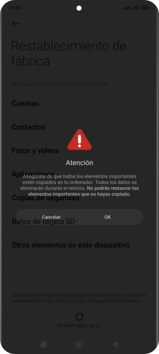 Pulsa OK. Espera unos instantes mientras el teléfono restablece la configuración predeterminada. Sigue las indicaciones de la pantalla para configurar el teléfono y dejarlo listo para su uso.