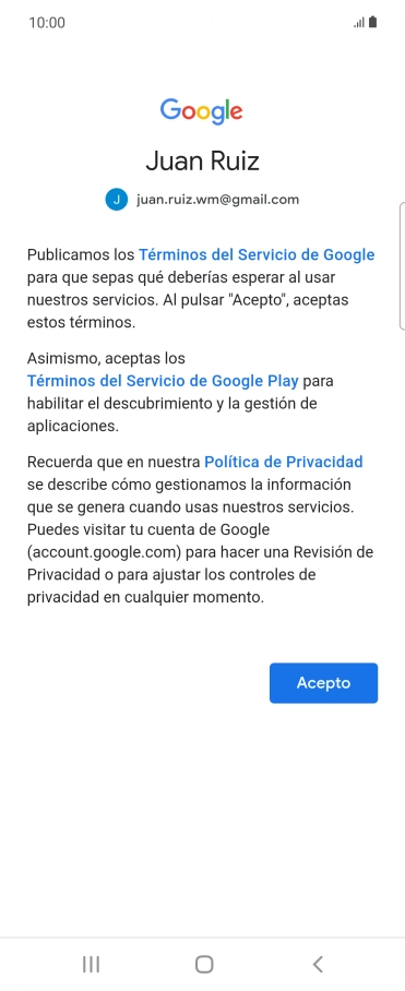 Pulsa Acepto y sigue las indicaciones de la pantalla para seleccionar los ajustes de tu cuenta de Google.