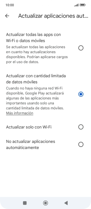 Para activar la actualización automática de apps utilizando la red móvil, pulsa Actualizar todas las apps con Wi-Fi o datos móviles.
