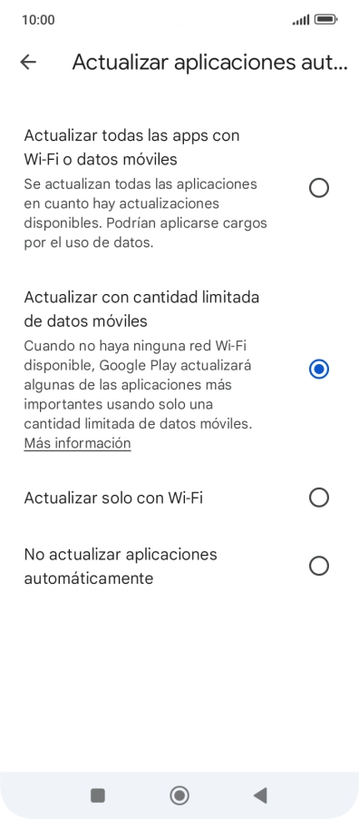 Para activar la actualización automática de apps utilizando la red móvil, pulsa Actualizar todas las apps con Wi-Fi o datos móviles.
