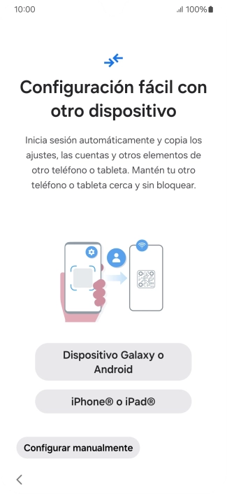 Pulsa la opción deseada para transferir contenido desde otro dispositivo y pulsa Configurar manualmente.