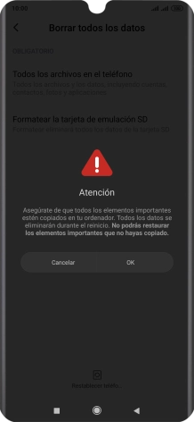 Pulsa OK. Espera unos instantes mientras el teléfono restablece la configuración predeterminada. Sigue las indicaciones de la pantalla para configurar el teléfono y dejarlo listo para su uso.