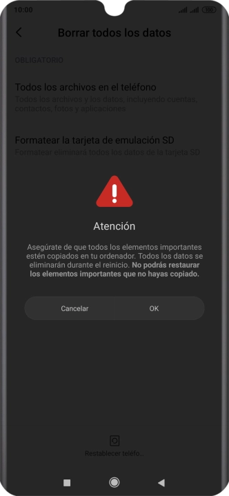 Pulsa OK. Espera unos instantes mientras el teléfono restablece la configuración predeterminada. Sigue las indicaciones de la pantalla para configurar el teléfono y dejarlo listo para su uso.