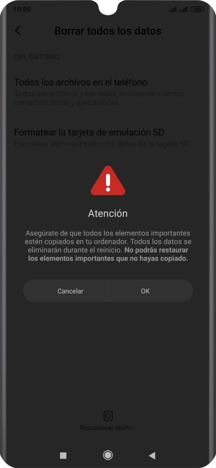 Pulsa OK. Espera unos instantes mientras el teléfono restablece la configuración predeterminada. Sigue las indicaciones de la pantalla para configurar el teléfono y dejarlo listo para su uso.
