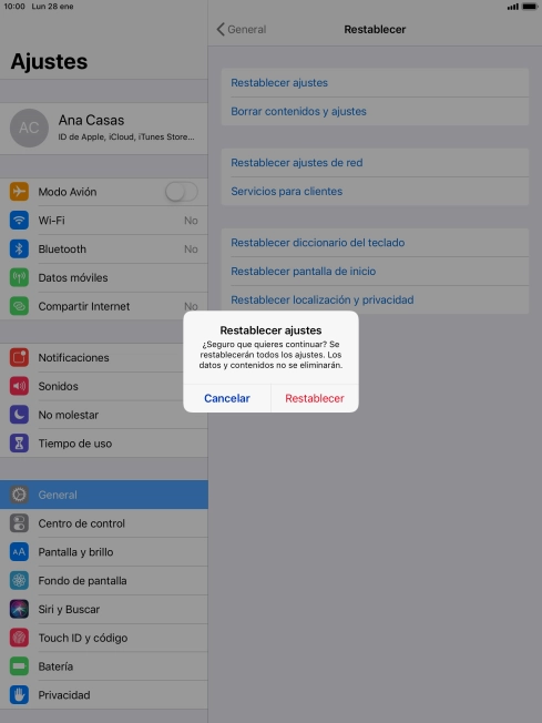 Pulsa Restablecer. Espera unos instantes mientras la tablet restablece la configuración predeterminada. Sigue las indicaciones de la pantalla para configurar la tablet y dejarla lista para su uso.