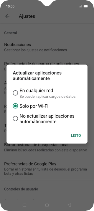 Para activar la actualización automática de apps utilizando la red móvil, pulsa En cualquier red.